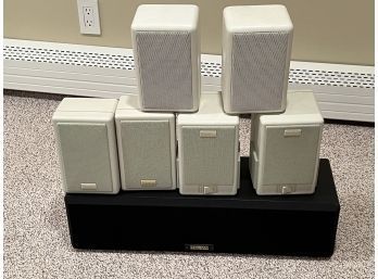 (LOT BA-63) LOT OF 6 WIRED CAMBRIDGE SPEAKERS-NEW ENSMBLE, THE SURROUND 5.1 ,ENSEMBLE & CENTER STAGE