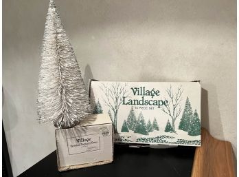 (BA-59) LOT OF 3 ITEMS-BOX DEPT 56 FROSTED TOPIARY TREES, BOX VILLAGE LANDSCAPE TREES & 1 WHITE FROSTED TREE