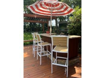 POLYWOOD OUTDOOR FURNITURE - FOUR PATIO BAR STOOLS / CHAIRS - WHITE & NATURAL