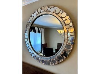 LARGE ROUND 'CONTEMPO' MIRROR - 44' ACROSS - HEAVY BEAUTIFUL PIECE! WOOD FRAME W/CAST SPHERES & CUT MIRROR