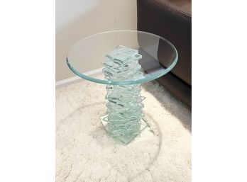 (DEN) MODERNIST GLASS END / ACCENT TABLE WITH STACKED GLASS BASE - 18' TALL BY 18' WIDE