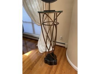 WROUGHT IRON & STONE 'CAMDEN' PEDESTAL WITH GLASS TOP - 51' HIGH BY 18' ACROSS
