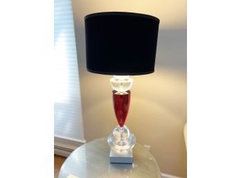 MODERNIST RED & CLEAR ACRYLIC 'ALMA' TABLE LAMP WITH BLACK VELVET SHADE - 35' HIGH