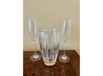 (DR) PAIR FABERGE CHAMPAGNE GLASSES & 8' VASE, UNMARKED