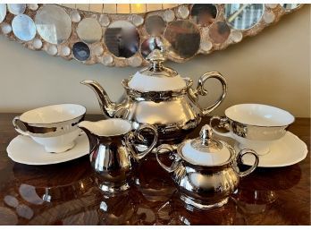 (DR) PAOLA NAVONE FOR 'REICHENBACH' WHITE BAROQUE PORCELAIN TEA SET WITH SILVER DETAIL - GERMANY - BEAUTIFUL!