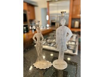 (K-11) BRUSHED STAINLESS STEEL 'ELEGANT COUPLE' CANDLESTICKS ARTIST SIGNED BY 'AMY HESS' - 13' & 15'