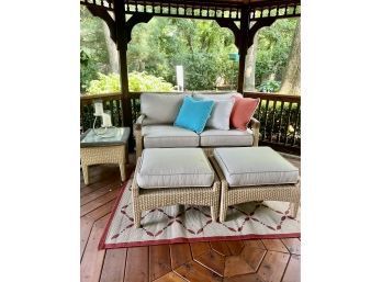 'GLOSTER' PATIO FURNITURE - WITH CUSHIONS - 53' LOVE SEAT, 2 OTTOMANS, 25' SQUARE & END TABLE, 18' SQUARE -