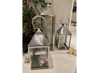 (PR) SET OF THREE CHROME & GLASS LANTERNS - CANDLES & SHELLS INCLUDED - 42' TALL & 30'