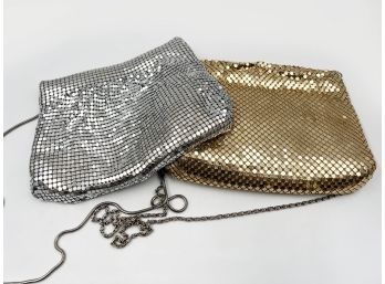 (J-8) LOT OF 2 METALLIC EVENING BAGS W/METAL STRAPS-NO NAME APPROX. 8 1/2 X 7 INCHES