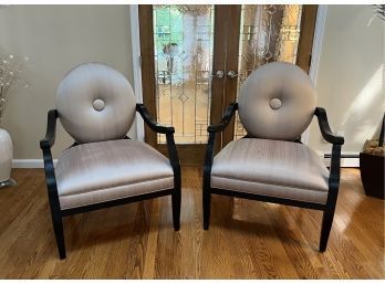 PAIR CUSTOM SILK UPHOLSTERED 'DALTON' ARM CHAIRS WITH BLACK WOOD FRAMES - ONE HAS TEARS TO SILK SEAT