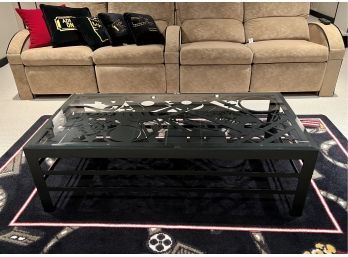 HOLLYWOOD MOVIE THEATER THEMED ETCHED GLASS TOP COFFEE TABLE - IRON FRAME- 52' LONG BY 26' WIDE BY 16' HIGH