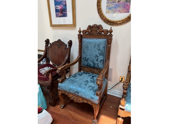 ANTIQUE ENGLISH QUEEN'S THRONE CHAIR - RE-UPHOLSTERED - BEAUTIFUL DEEPLY CARVED, LIONS- EXCELLENT CONDITION