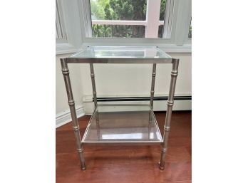 (LR-47) CHROME & GLASS END TABLE - 19' SQUARE BY 26' HIGH