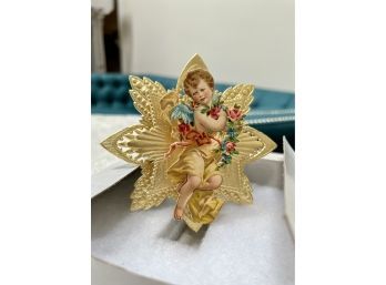 (LR-27) HANDMADE VICTORIAN FEATHER TREE TOPPER PAPER ART BY 'SAMANTHA CLAUS' - WITH BOX- 5'