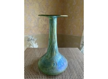 (D-23) ANTIQUE FAVRILE GLASS IRIDESCENT TULIP SHAPED VASE WITH TEXTURED BODY - MAYBE LOETZ? SIGNED -11' BY 7'