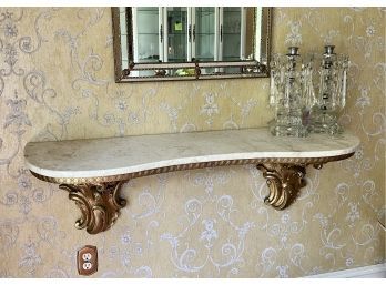 VINTAGE FREEFORM MARBLE WALL SHELF WITH GOLD CARVED WOOD CORBELS / BRACKETS - 47' LONG BY 12' DEEP