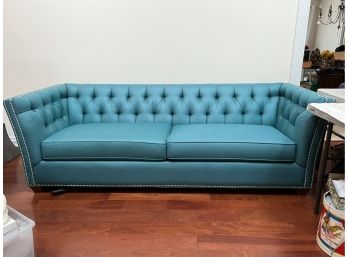 TEAL BLUE UPHOLSTERED SOFA WITH NAILHEAD DETAIL - GREAT CONDITION - 91' LONG BY 31' DEEP BY