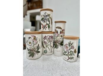 (LR-36) SET OF FIVE PORTMEIRION CERAMIC CANISTERS WITH LIDS - 'BOTANIC GARDEN' - 7'-12' - ONE LID HAS WEAR
