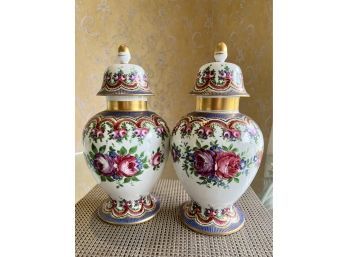 (D-21) VINTAGE PAIR OF LIMOGES FRANCE COVERED URNS - GINGER JARS - PERFECT - HAND PAINTED - 15' TALL, 8' WIDE