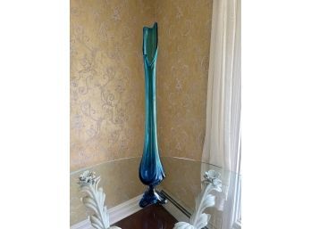 (D-2) VINTAGE MID CENTURY MONUMENTAL BLUE SWUNG GLASS VASE - 30' HIGH BY 6' AT WIDEST