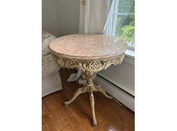 (U-2) BEAUTIFUL VINTAGE PINK MARBLE TOP TABLE WITH CARVED WOOD BASE - FRENCH PROVINCIAL - 26' DIA. BY 30' HIGH