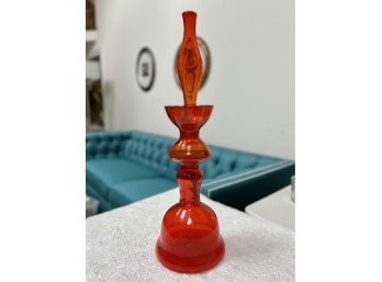 (LR-1) AMAZING VINTAGE MCM BLENKO 'CHESS PIECE' DECANTER WITH STOPPER, RED-DESIGNED BY WAYNE HUSTED - 24' TALL