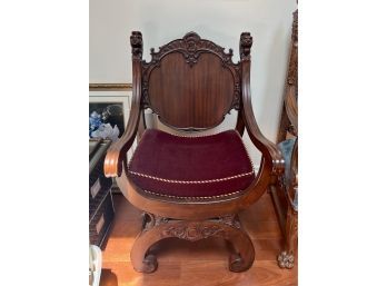 ANTIQUE SAVONAROLA ARMCHAIR CHAIR - BEAUTIFUL DEEPLY CARVED, LION'S HEAD -EXCELLENT CONDITION