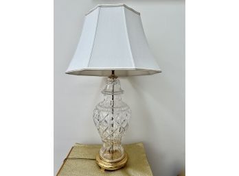 (LR-100) VINTAGE CRESCENT BRASS CRYSTAL LAMP WITH SHADE & BRASS BASE - 35' TALL