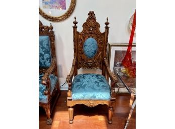 ANTIQUE ENGLISH KING'S THRONE CHAIR - RE-UPHOLSTERED - BEAUTIFUL DEEPLY CARVED, EXCELLENT CONDITION