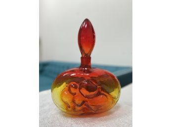 (LR-5) VINTAGE MCM BLENKO AMBERINA GLASS BUBBLE FRONT DECANTER WITH TEARDROP STOPPER 14' TALL, 10' WIDE