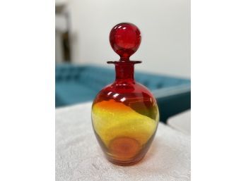(LR-4) VINTAGE MCM AMBERINA GLASS DECANTER WITH RED BALL STOPPER 10' TALL, 6' WIDE - BLENKO