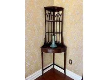 (D-48) VINTAGE TRADITIONAL WOOD CORNER CABINET - DISPLAY CABINET WITH FRETWORK - 65' HIGH BY  16' WIDE & 16' D