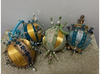 (CH-15) LOT OF FOUR VINTAGE HAND CRAFTED BEADED PUSH PIN ORNAMENTS- RIBBON, SATIN, SEQUINS - 4'-5'