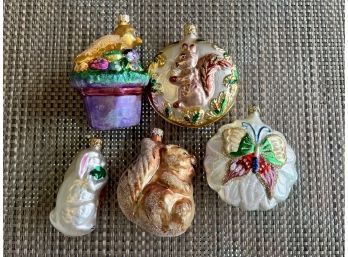 (D-34) LOT OF FIVE GERMAN GLASS CHRISTMAS ORNAMENTS - SQUIRRELS, BUTTERFLY , RABBIT - 3'-4'
