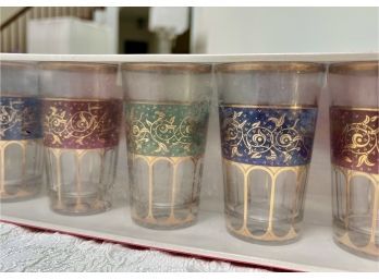 (LR-33) BOXED SET OF SIX ORNATELY DECORATED 4' GLASSES BY M. MISSARY, PARIS - MULTI COLOR, GOLD TRIM