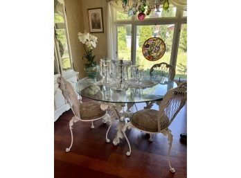 VINTAGE WHITE CAST IRON DINING TABLE WITH ROUND GLASS TOP - 52' DIA. BY 29' HIGH - WITH 4 CHAIRS
