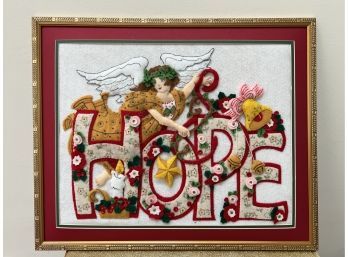 (LR-99) FRAMED HAND CRAFTED 'HOPE' TEXTILE ART - QUILTED, FELT & ANGEL - 22' BY 8'