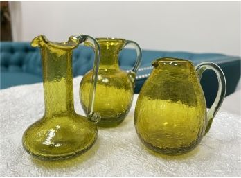(LR-10) COLLECTION OF 3 VINTAGE MCM CRACKLE GLASS PITCHERS - GREEN / YELLOW - 4'- 5' TALL
