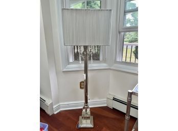 (LR-53) CHROME & GLASS FLOOR LAMP WITH CRYSTAL PRISMS & WHITE SQUARE SHADE - 48' TALL & 16' WIDE