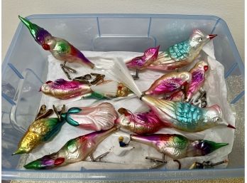 (CH-13) LOT OF 12 VINTAGE Clip - On GLASS CHRISTMAS ORNAMENTS - BIRDS - PARROT, FLOWER - 3'-4'