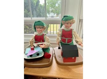 (LR-52) PAIR OF VINTAGE PLASTIC CHRISTMAS ANIMATED ELVES HAMMERING & SAWING- ELECTRIC DECORATION - 14' TALL