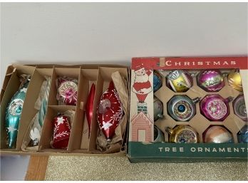(CH-11) TWO BOXES OF ASSORTED VINTAGE GLASS CHRISTMAS ORNAMENTS- BALLS &  TEARDROPS