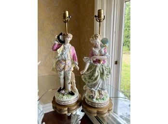 (D-44) BEAUTIFUL LARGE PAIR VINTAGE FIGURAL ROCOCO STYLE PORCELAIN BISQUE LAMPS - COUPLE- 25' TALL BY 8' BASE