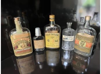 (B-28) LOT OF FIVE ANTIQUE WHISKEY BOTTLES - 'EARLY TIMES, OLD TAYLOR, KENTUCKY'- NICE OLD LABLES - 4'-6'