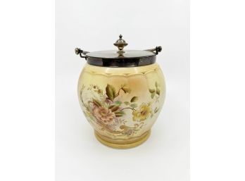 (K-2) ANTIQUE ENGLISH PORCELAIN BISCUIT JAR - CARLTON WARE, STOKE ON TRENT - FLORAL PAINTED- SILVERPLATE LID