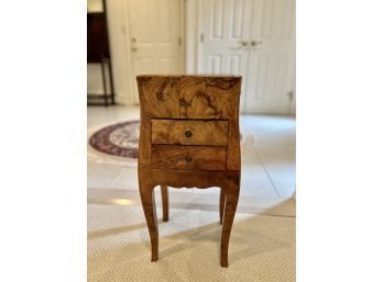 (F-7) ANTIQUE'VANLEIGH' BURL WOOD ACCENT TABLE WITH THREE DRAWERS -SOME WOOD SPLITS, SEE PICS-11' TOP BY 25' H
