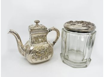 (K-15) TWO ANTIQUE SILVER PLATE PIECES - GORHAM TEAPOT & COVERED GLASS JAR