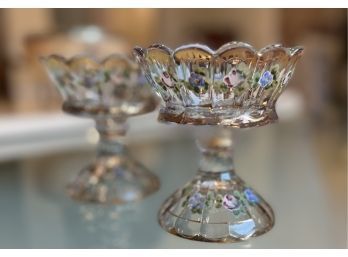 (F-13) PAIR OF ANTIQUE HEAVY GLASS FOOTED BOWLS WITH HAND PAINTED FLOWERS &  GOLD ACCENTS - 5'