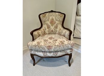 (F-24) PRETTY VINTAGE WOOD ARMCHAIR - TRADITIONAL LINES -CLEAN & RE-UPHOLSTERED IN FLORAL PATTERN CHENILLE