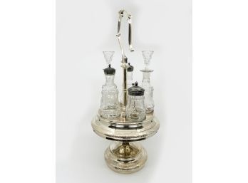(K-17) ANTIQUE CRUET CASTOR - CONDIMENTS/ OIL STAND- SILVER PLATE - FIVE BOTTLES & STAND - 18' BY 8'